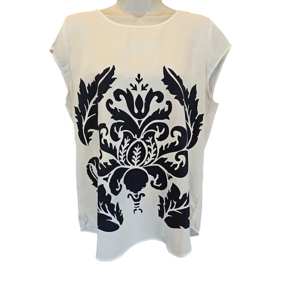 Pim Larkin size L cream black geometric sleevless career casual comfort top - Picture 1 of 7